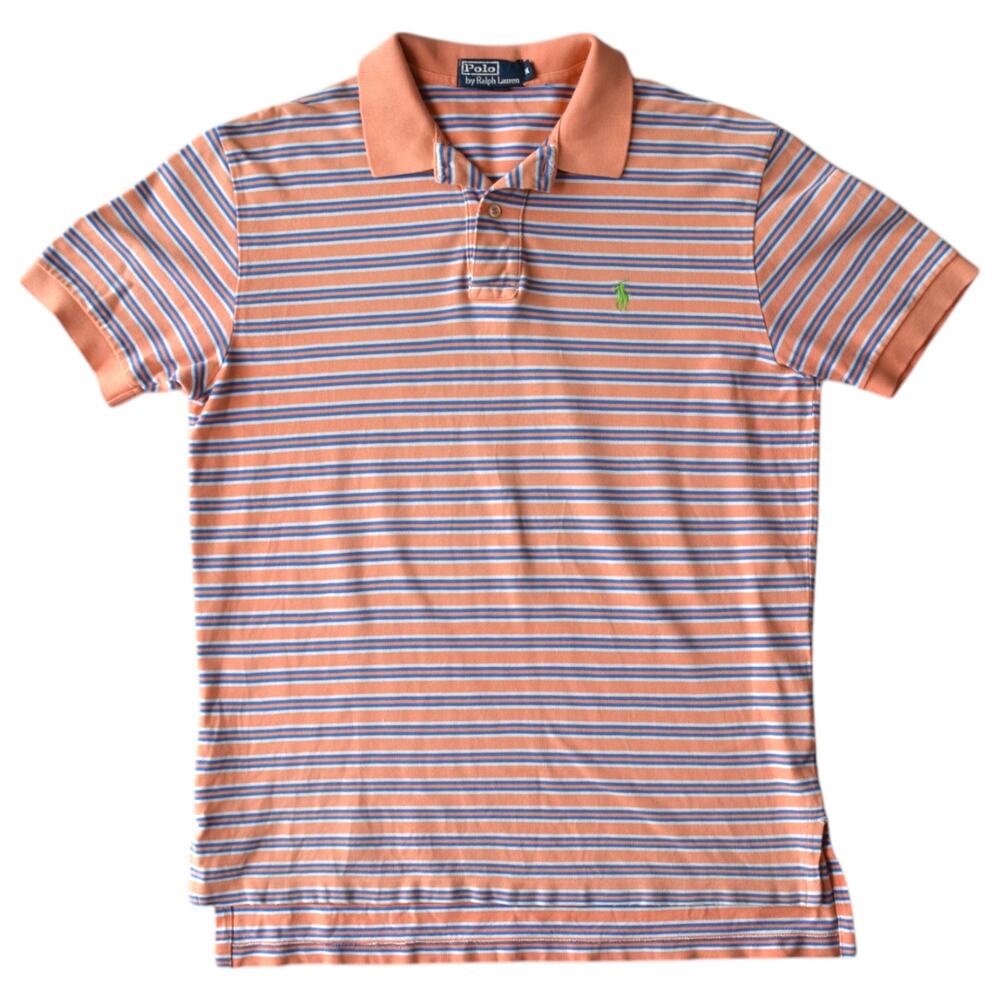 Polo Ralph Lauren Striped Polo Shirt Peach Blue Cotton Size M